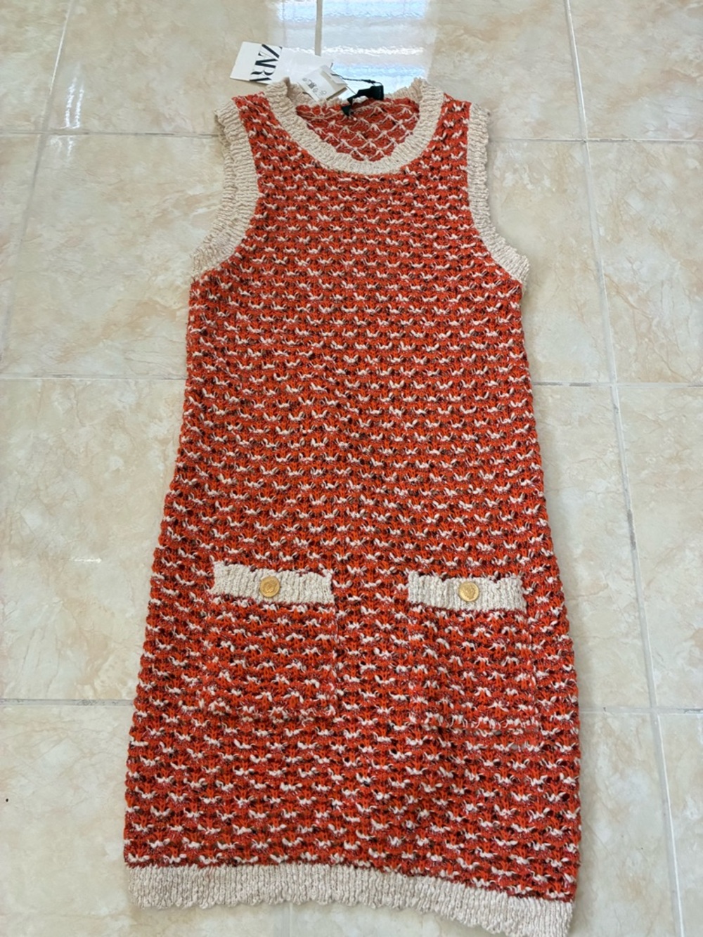 NEW Zara Orange and Cream Knit Sleeveless Shift Dress